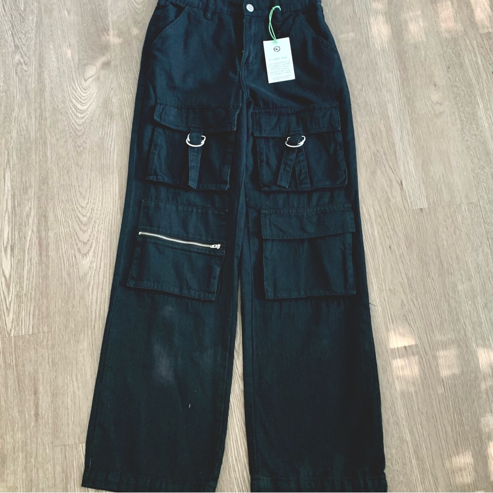 NWOT PTCL Black 100% Cotton Wide Leg Cargo Pants